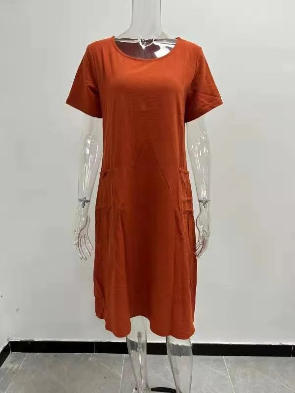 Women Round Neck Short Sleeve Double Pocket Loose Cotton Linen Knee Length Dress
