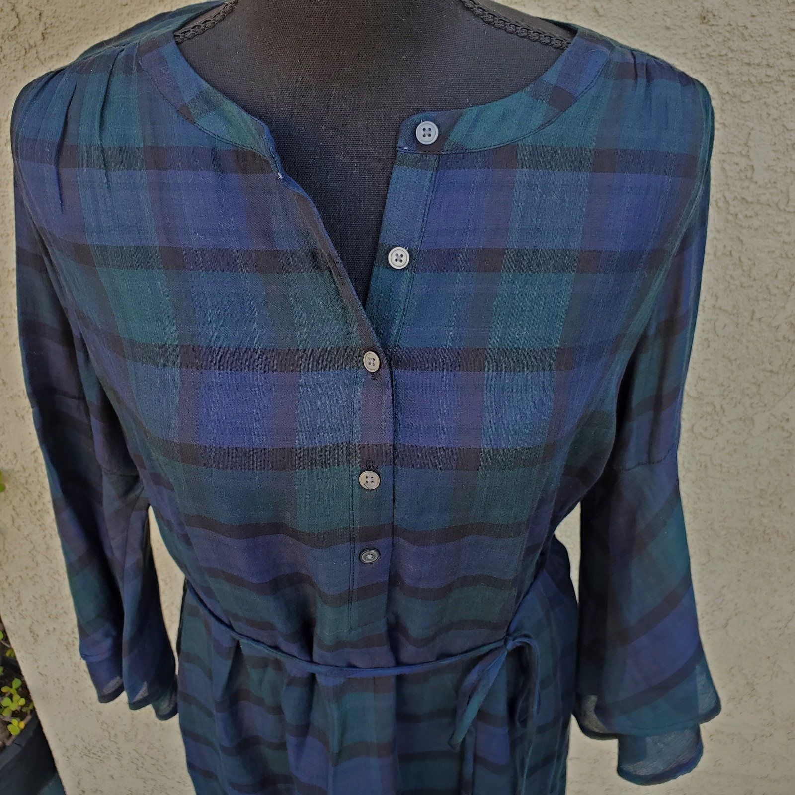 LOFT Plaid 3/4 Ruffle Sleeve Button Tie Front Rayon Shirt Dress Women’s Sz S