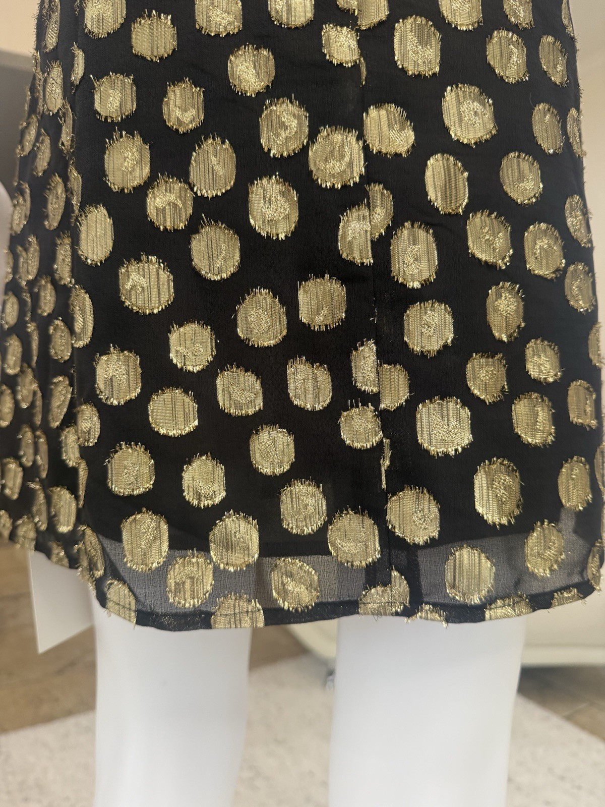 For Love & Lemons Lottie Ruffle Off the Shoulder Mini Dress in Gold Dot Size S