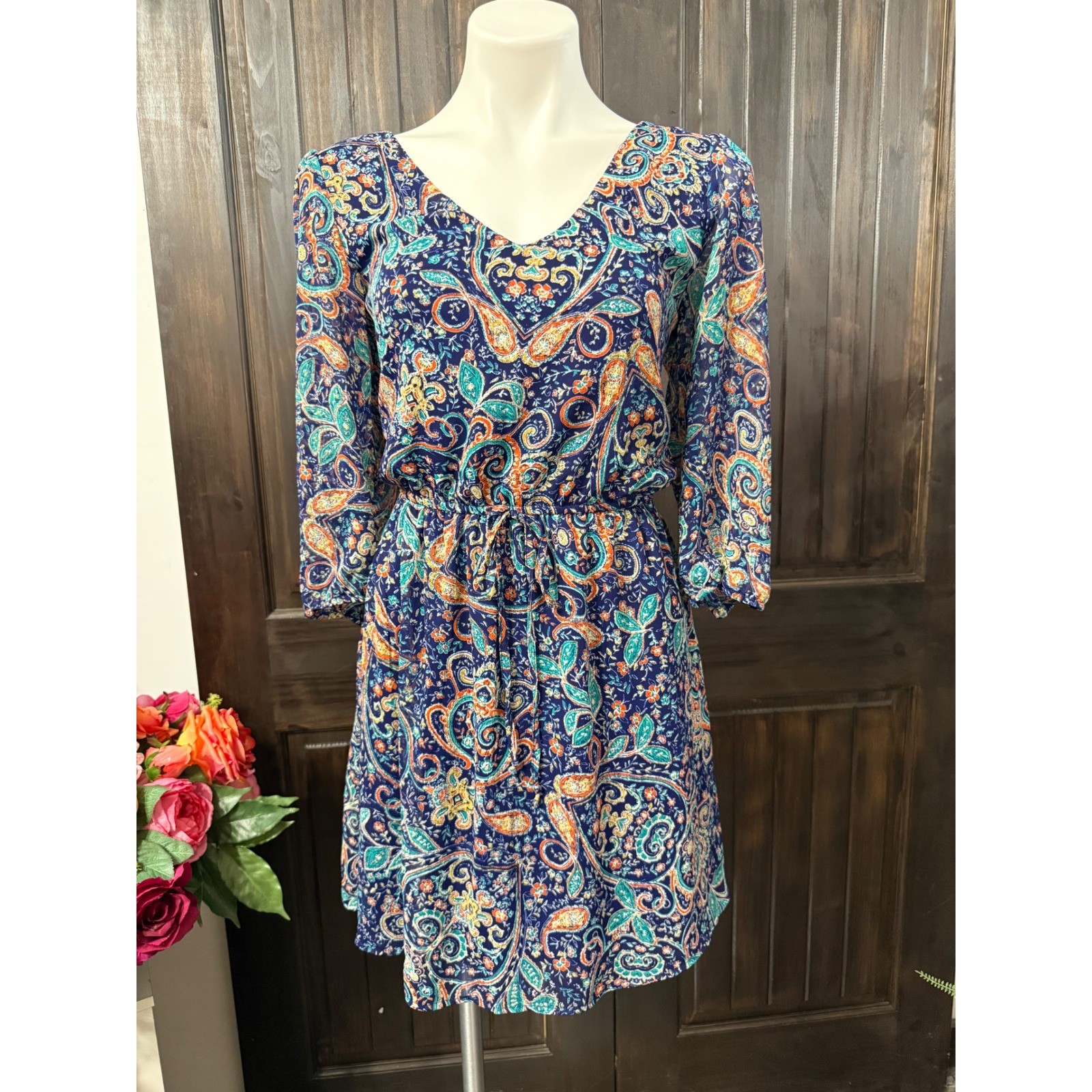 BeBop Womens Blue Paisley Print V-Neck 3/4 Sleeve Elastic Waist Mini Dress Large