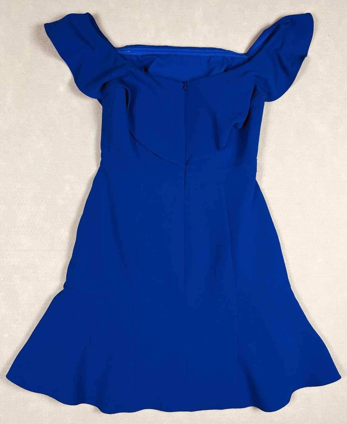 BCBG BCBGMAXAZRIA Dress Alandra Off Shoulder Flounce Hem Larkspur Blue Women’s 2