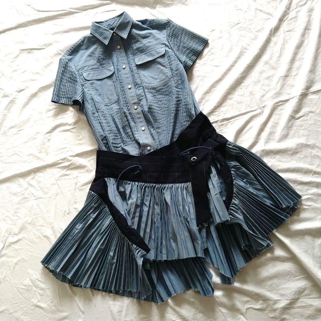 sacai pleated short sleeve dress size 1 length 38.5 inches blue From Japan