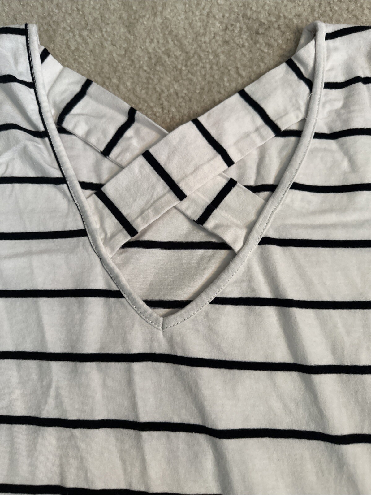 Feager Women’s Black & White Striped Dress Criss Cross Back Size S Short Sleeve