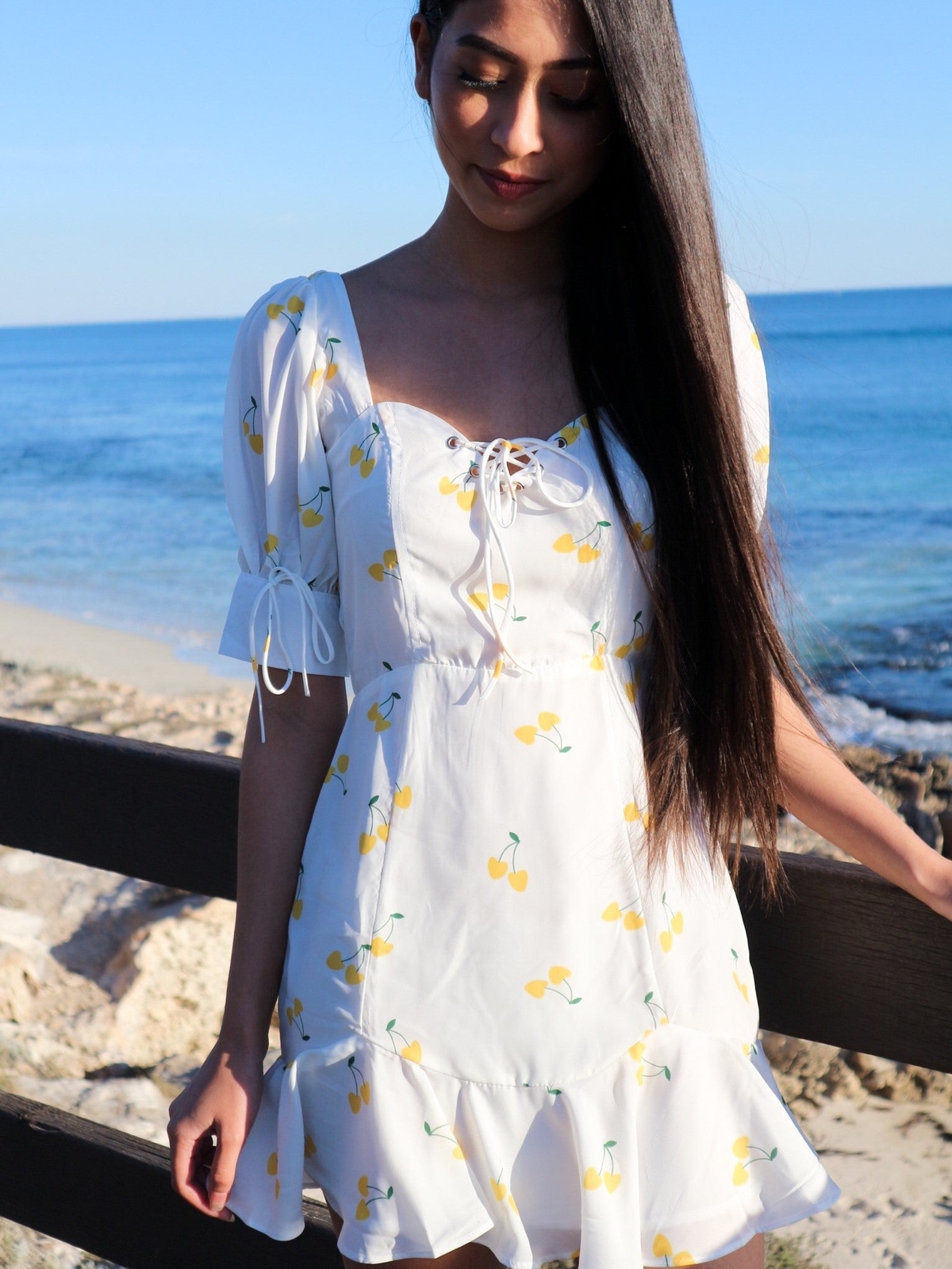 Women Petite Retro Lantern Sleeves Mini White Dress Yellow Cherry Print Romantic