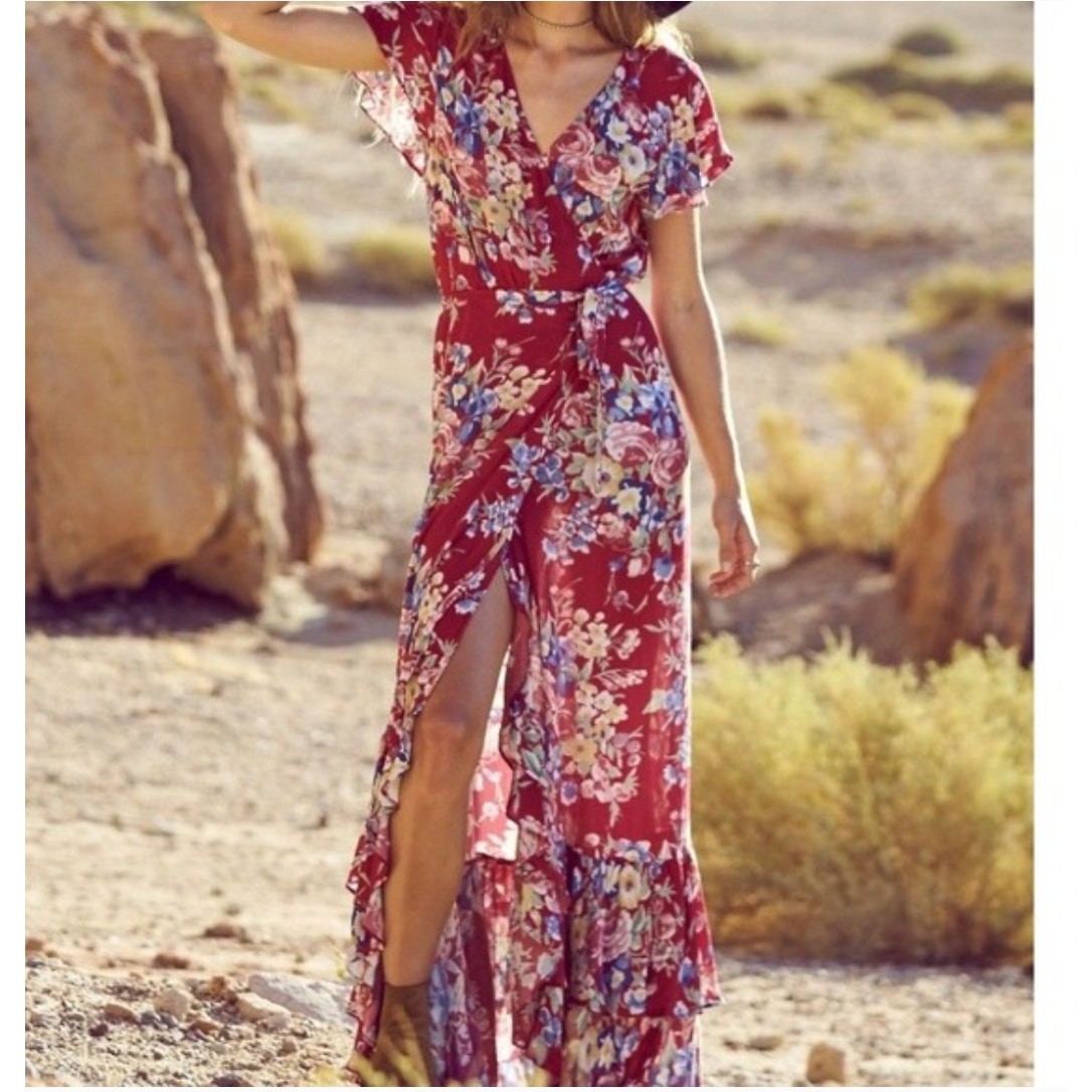AUGUSTE THE LABEL Beach House Frill Floral Maxi Wrap Dress Red Berry {F40}