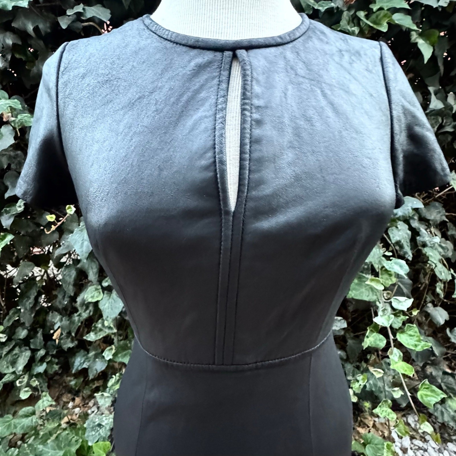 NWT My Tribe Mini Dress, Black Leather Shell, Stretch, Keyhole Round Neckline