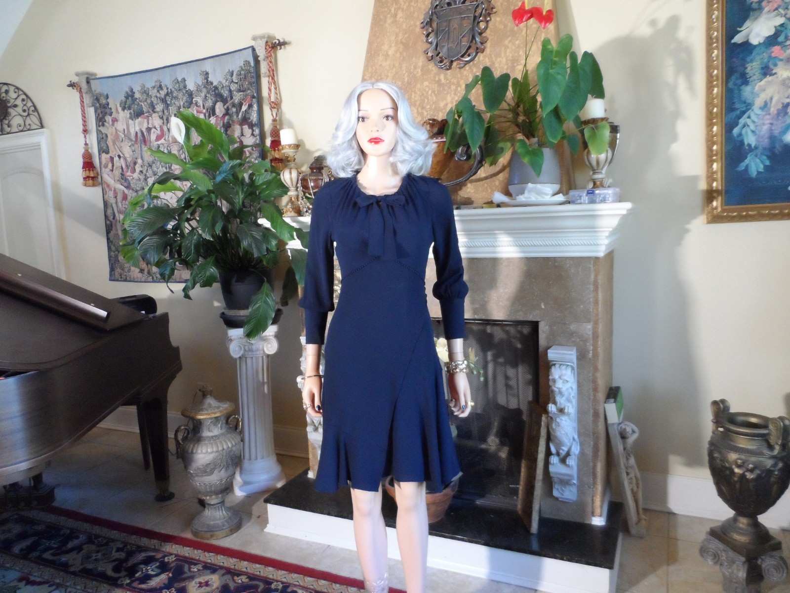 Derek Lam 10 Crosby Blue Silk Blend Sheath Dress w/Front Neck Tie Detail Size 4