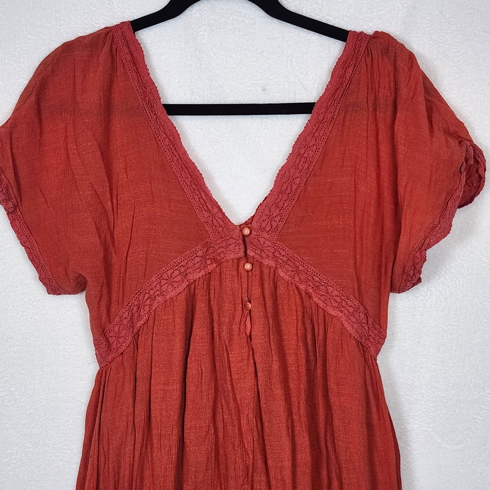 Baevely Rust Orange Boho High Low Maxi Dress Lace Trim V-Neck Medium Buckle