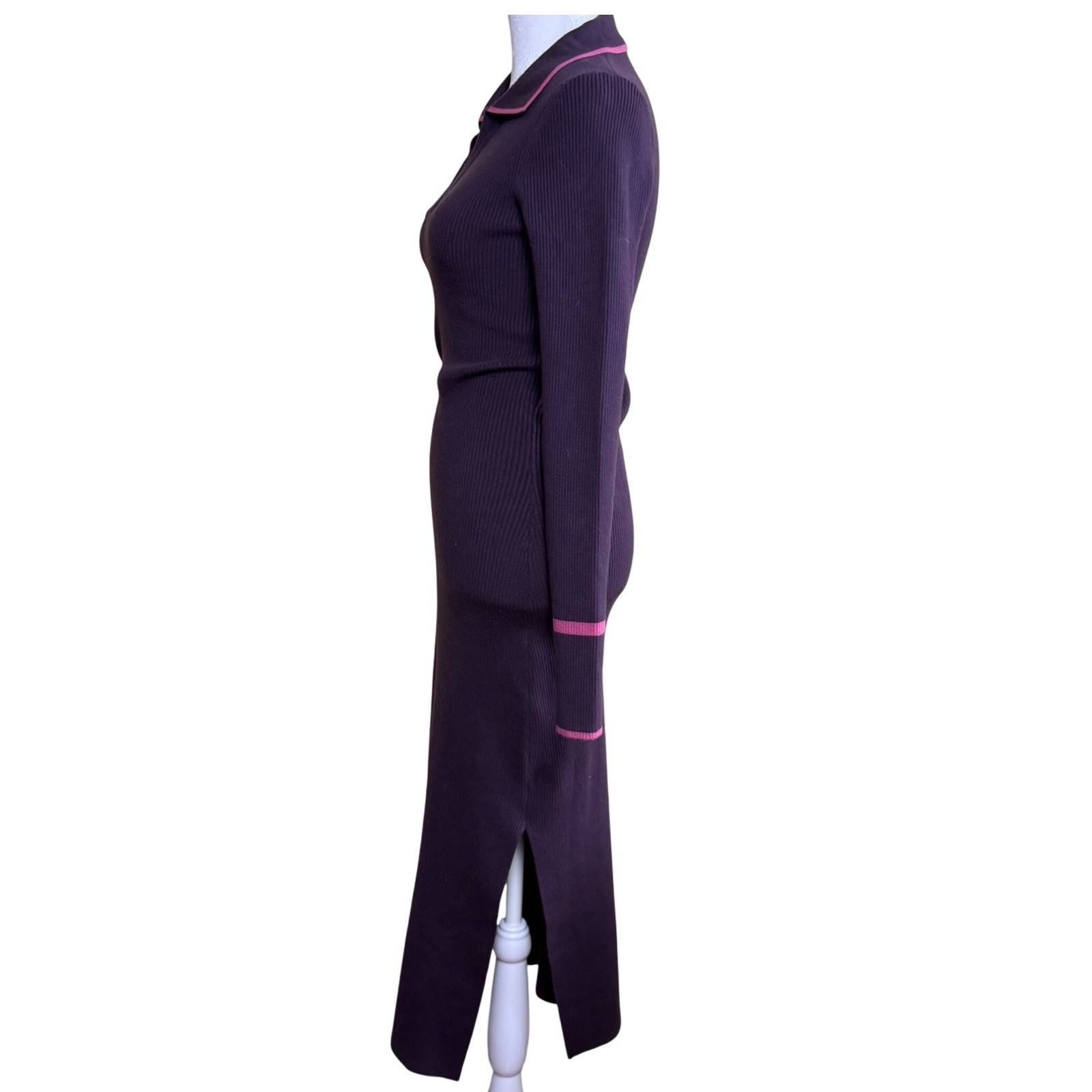 Marine Layer Ribbed Knit Polo Midi Dress Women’s Small Purple Bamboo Trim Slit
