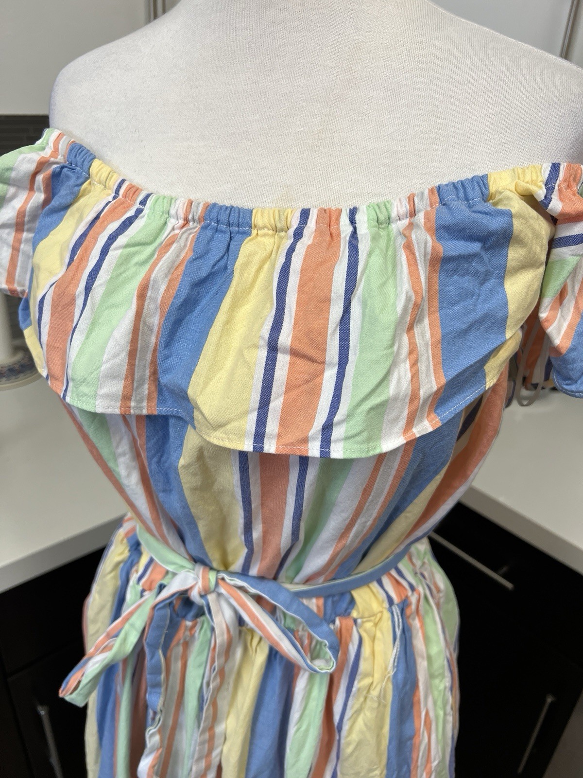 Draper James RSVP Off Shoulder Ruffle Sleeve Midi Dress Size M Medium Stripe