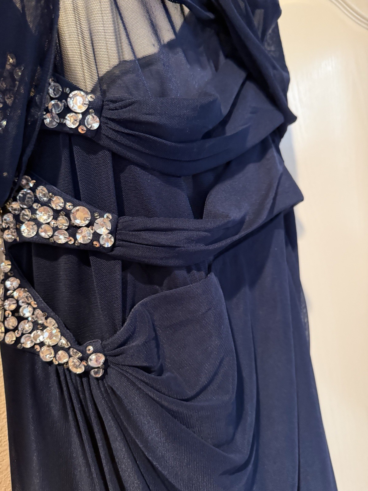 Xscape Navy Blue One Shoulder V-Neck Chiffon Rhinestone Sheath Dress 12
