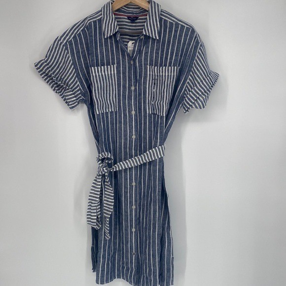 Nautica | Blue & Bright White Stripe Linen-Blend Belted Shirt Dress Medium NWT