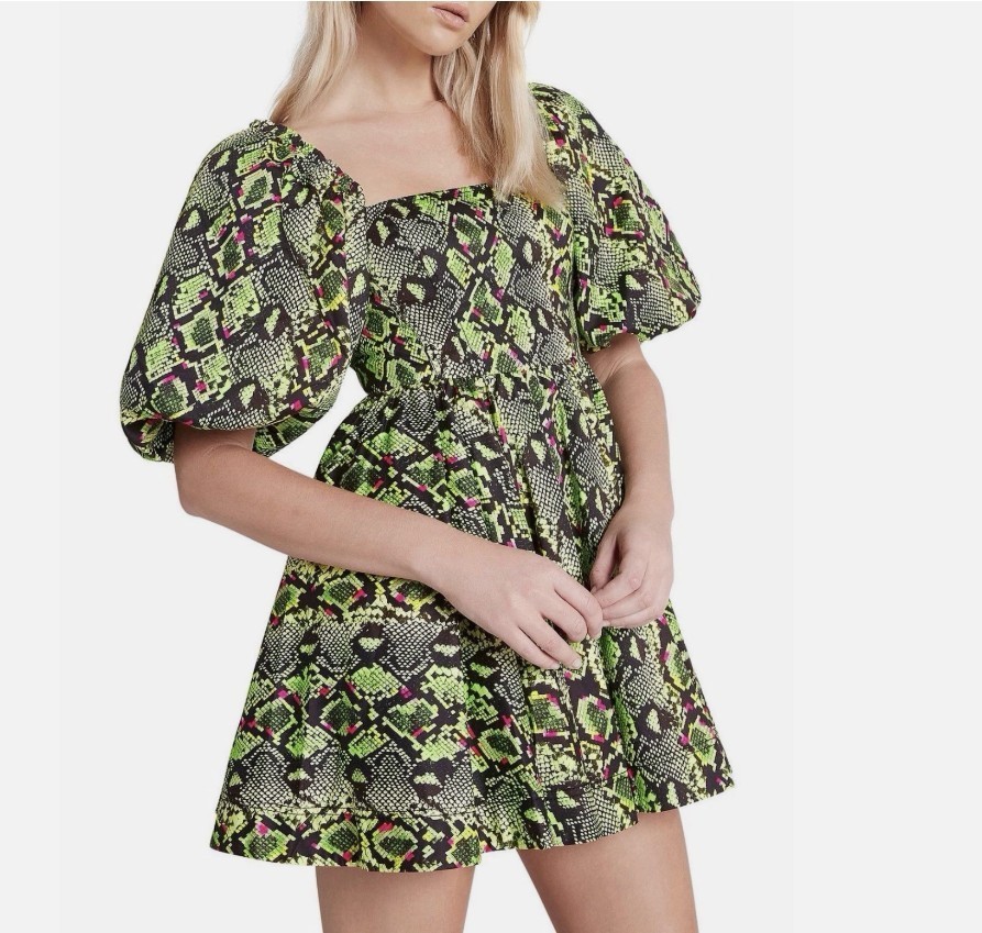 AJE Serpentine Corset Mini Dress Size 12 Green Snake Python Print Puff Sleeve