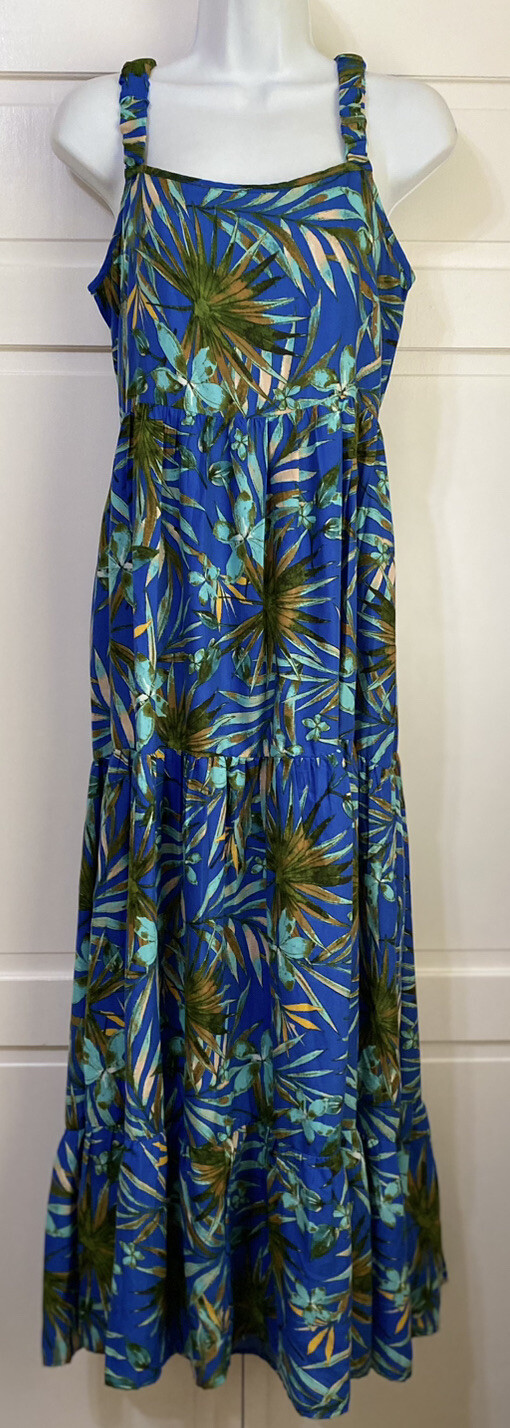 B.O.G. COLLECTIVE Maxi Sun Dress Blue Floral Long Ruffled w/ Wide Straps Medium