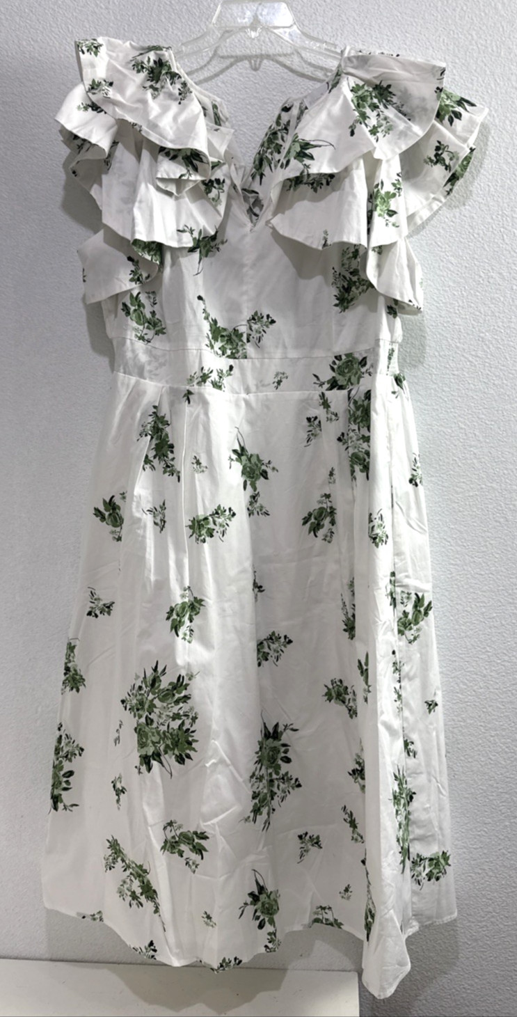 SugarLips Ria Floral Santana Tie Back Midi Emerald White Dress Plus Size 2X
