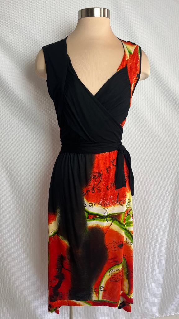 DESIGUAL NWT Size L Black Red Conversation Print Asymetrical Wrap Bodice Dress