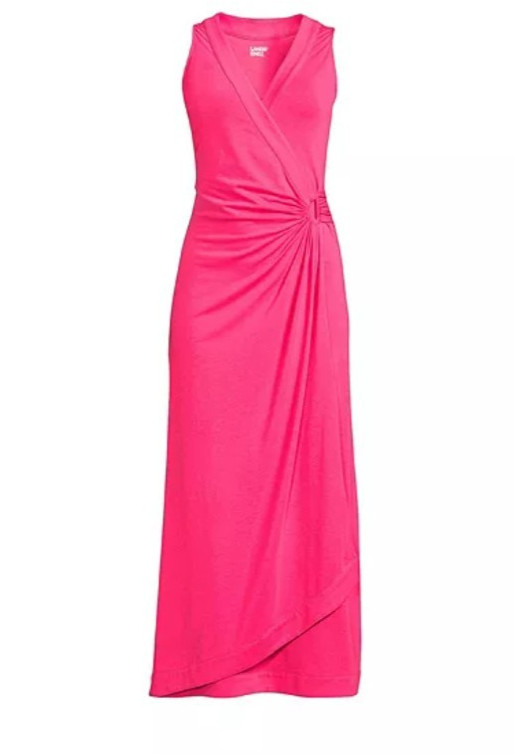 NEW Land’s End Cotton Modal Pink Maxi Dress Women’s L 14-16 Faux Wrap V-Neck