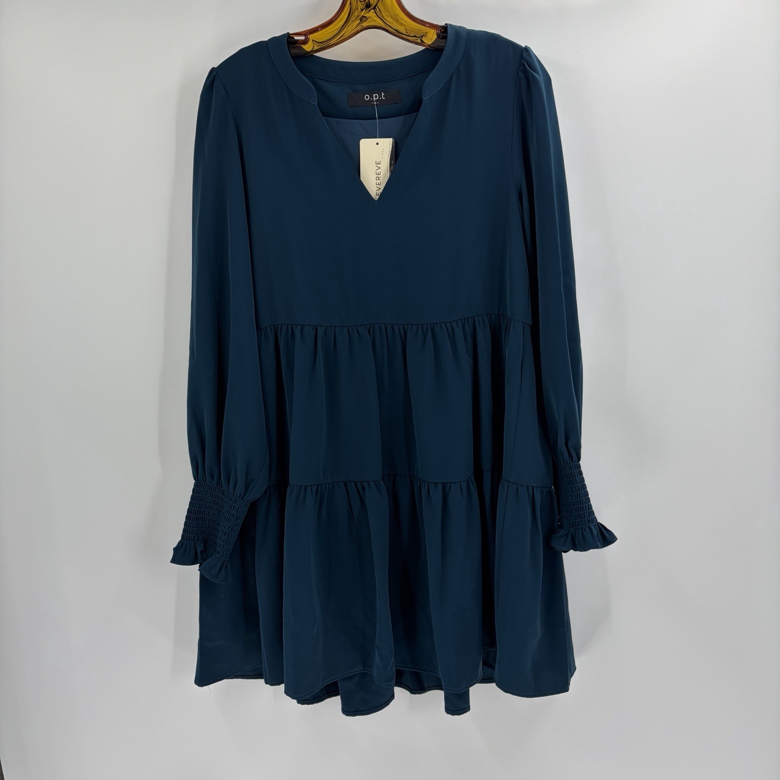 Evereve O.P.T Bay Smocked Long Sleeve Tiered Mini Teal Blue Dress Size Small NWT