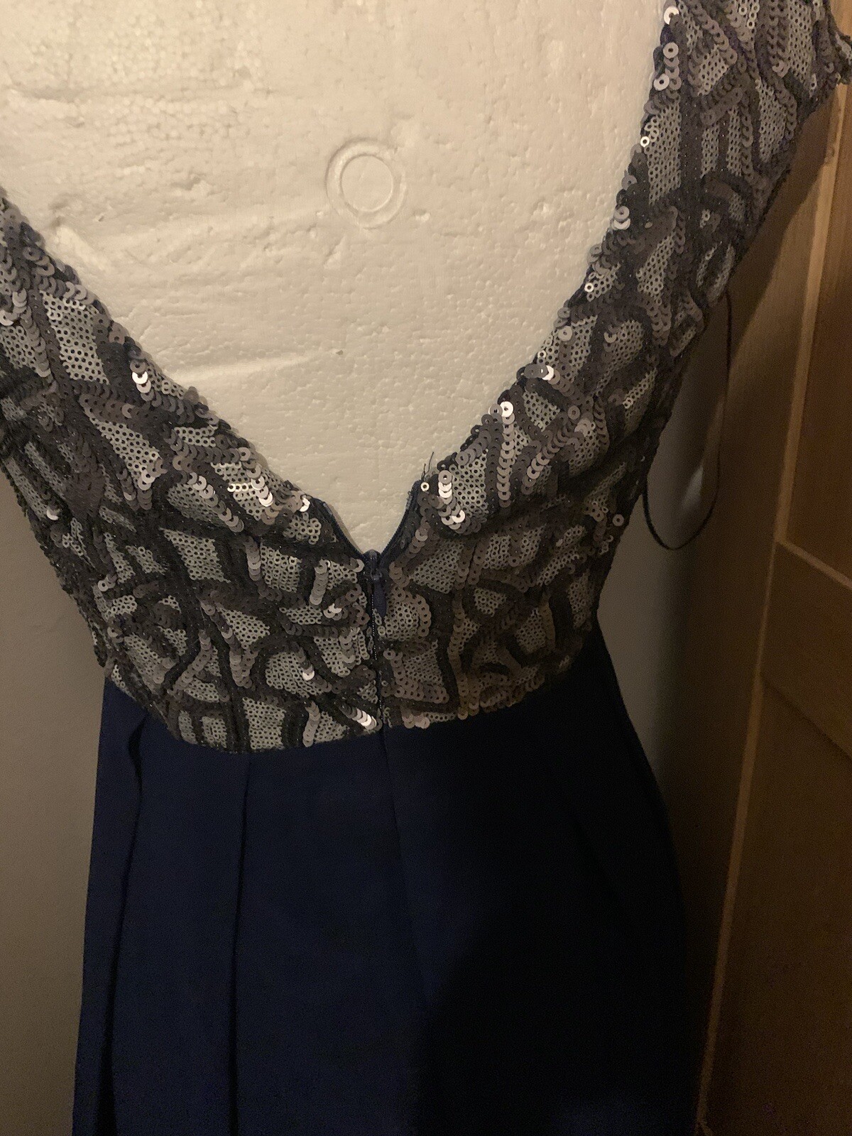 Little Mistress Maxi Dress with hand embellished silver sequins. low cut back.