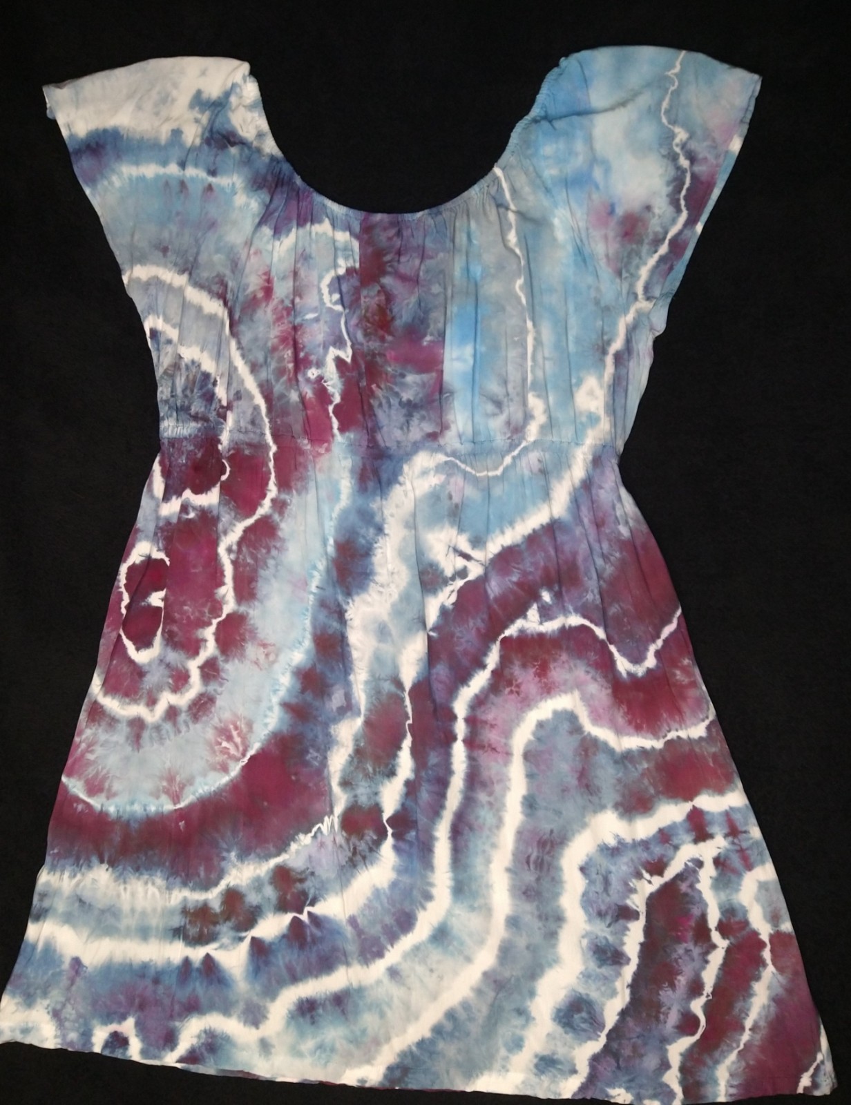 Slate Blue, Black Cherry & Stormy Gray Ice Dye Tie Dye Peasant Style Dress~Sz XL