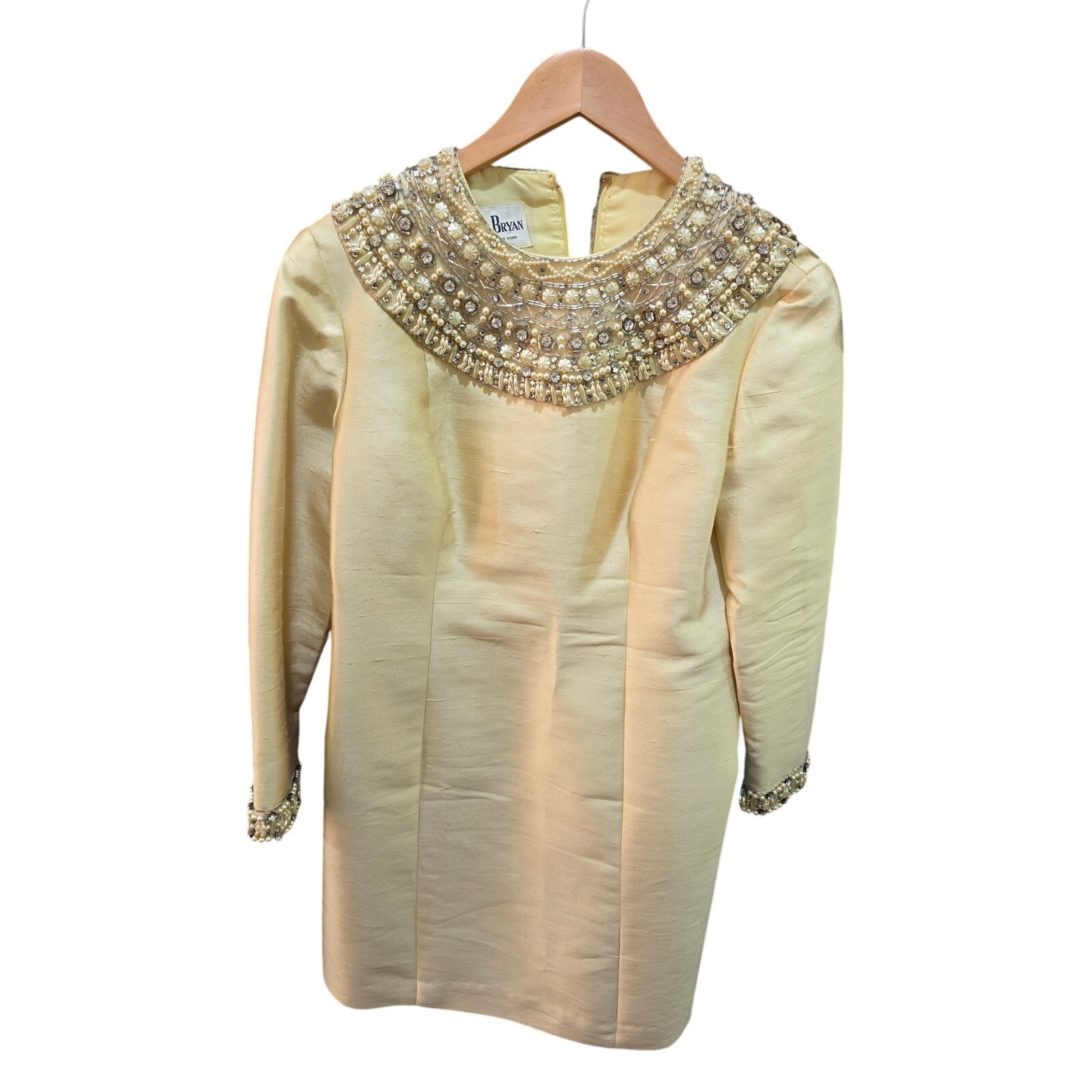 VTG 60s Jack Bryan Silk Shift Dress Jeweled Collar Cuffs Pastel Yellow Womens 12