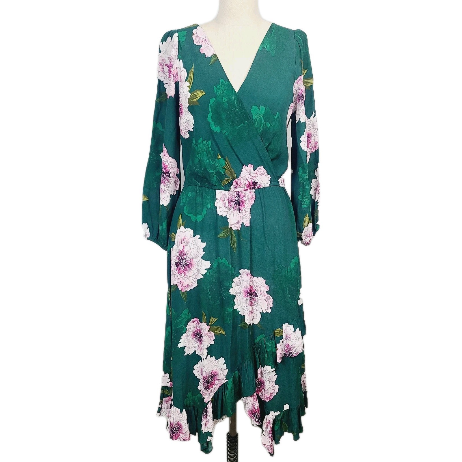 Plenty by Tracy Reese Anthro Aleah Dress Green Pink Floral Faux Wrap Midi XS