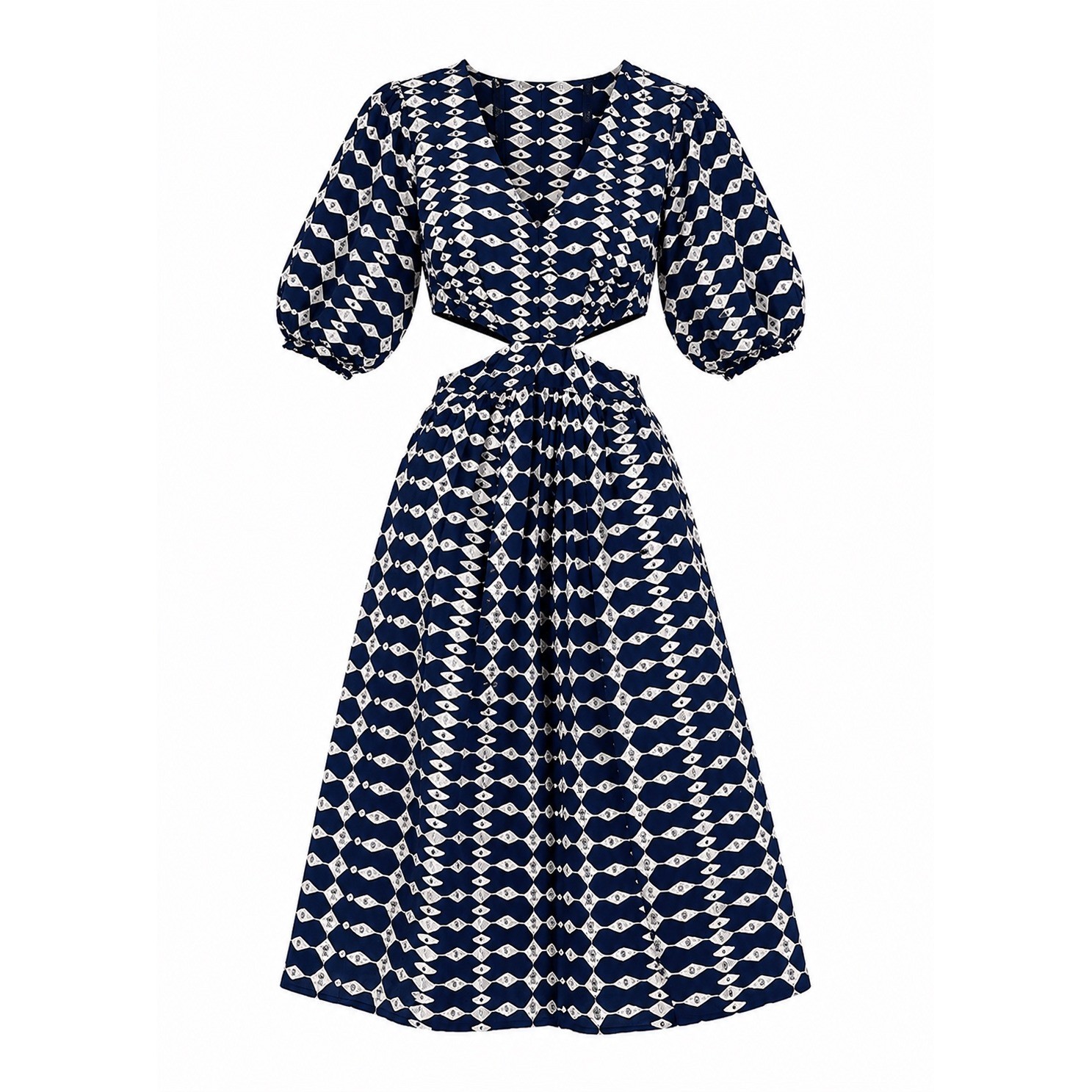 SaturdayClub Cutwork Embroidery Cutout Dress Navy Size XXS Puff Sleeve Midi