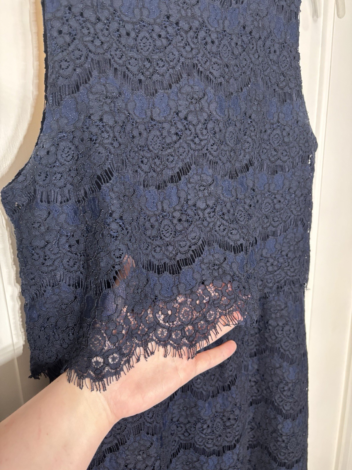 NWOT Large Monteau Navy Blue Lace Shift Overlay Dress Scalloped Floral