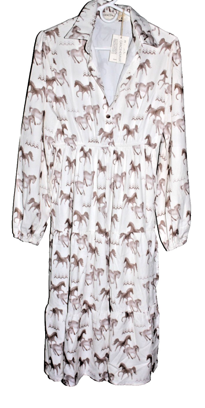 Grace & Emma Horse Print Prairie Style Dress Ruffle Bottom White Size Medium NWT