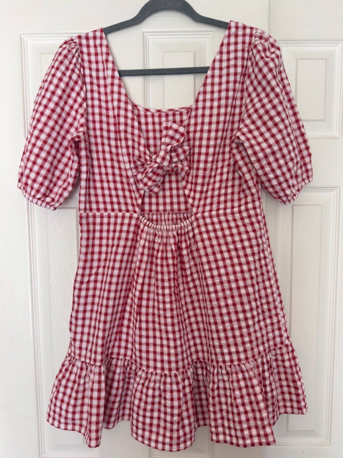 LOFT Red/White Gingham Square Neck Puff Sleeve Bow Back Mini Dress 4 Cotton