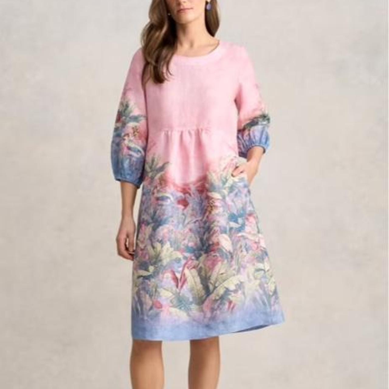 Blue Illusion Pink Sunset Palms French Linen Midi Dress Size M