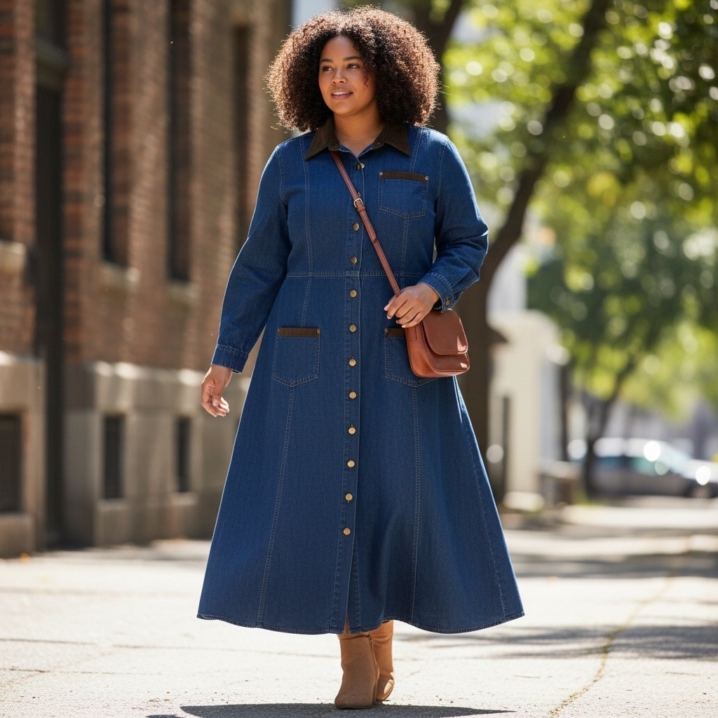 Hunters Run Blue Denim Maxi Dress Leather Trim Brass Button Front Plus B2 2X