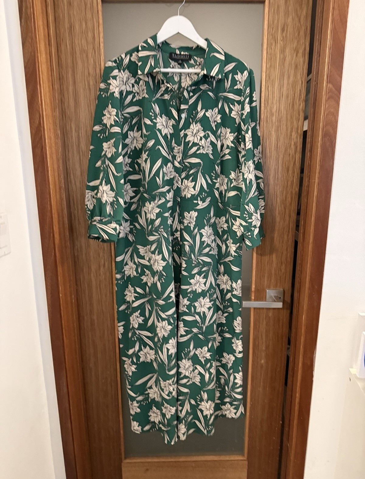 Eloquii Women’s Plus 18 Green/White Floral Collared Long Sleeve Shirt Midi