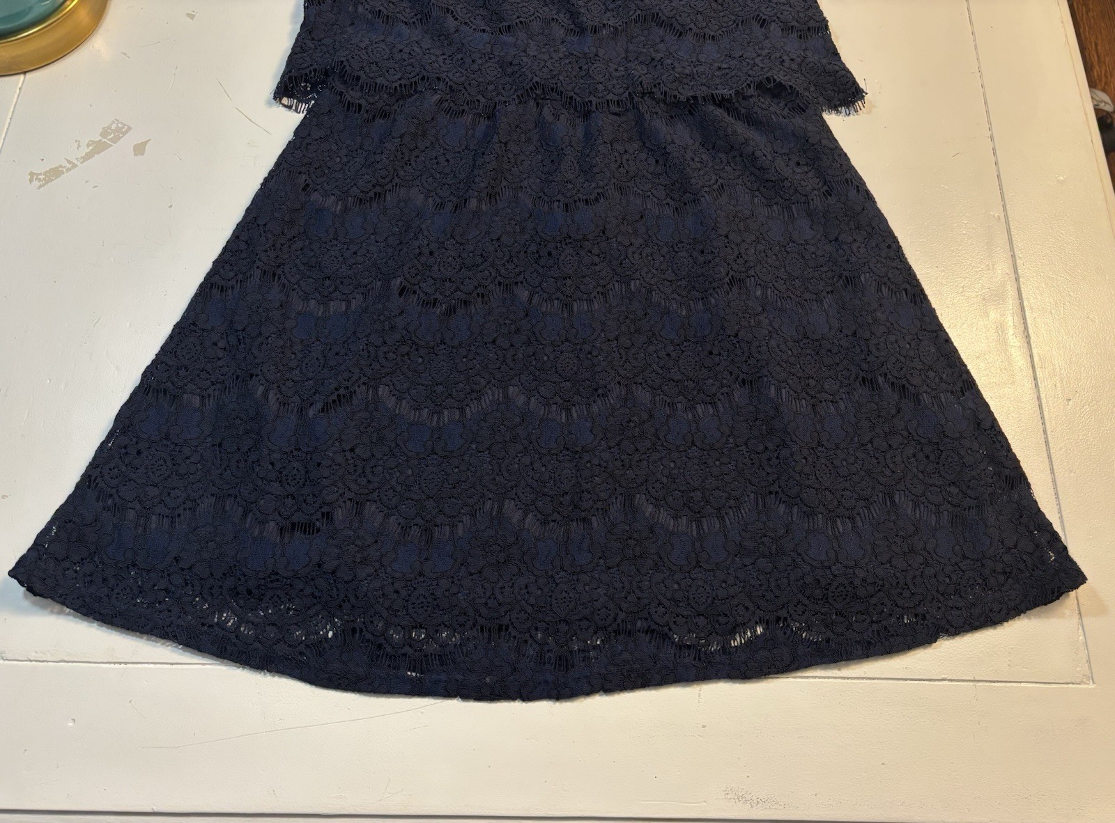 NWOT Large Monteau Navy Blue Lace Shift Overlay Dress Scalloped Floral
