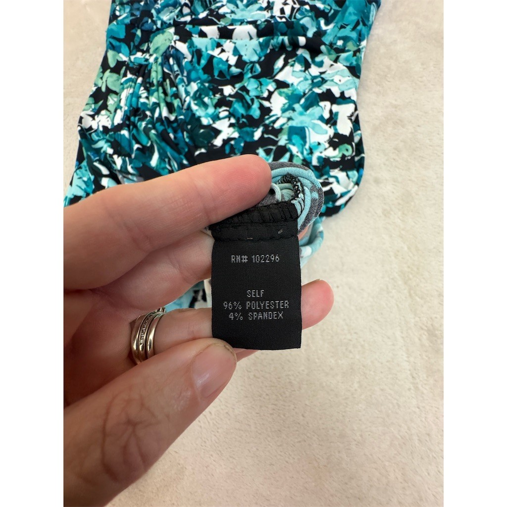 Connected Apparel Dress Womens Size 10 Teal Black White Floral Ruched
