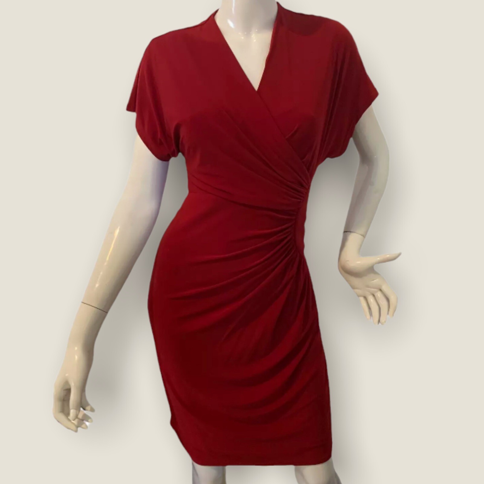 {EVAN PICONE} Dress Red Cross Over Ruched Short Sleeve A Line Stretch Summer ~6