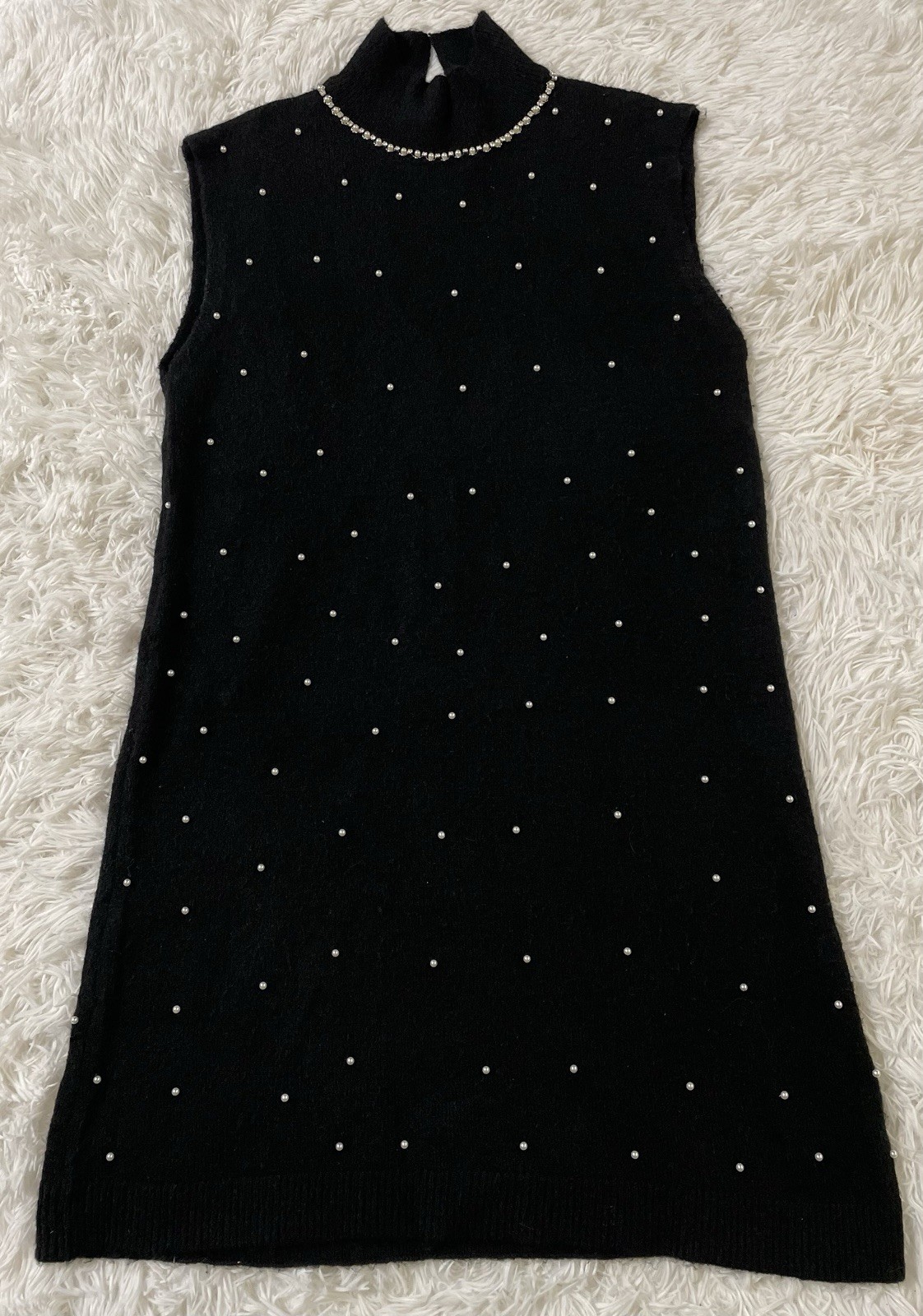 ZARA Pearl Rhinestone Mock Neck Posh Glam Classy Bling Y2K Knit Dress Black L