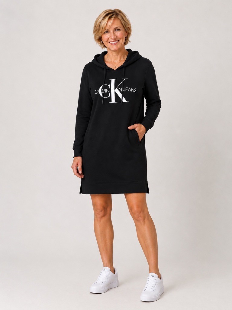 Calvin Klein Jeans Black Monogram Sweatshirt Hoodie Dress Sz L
