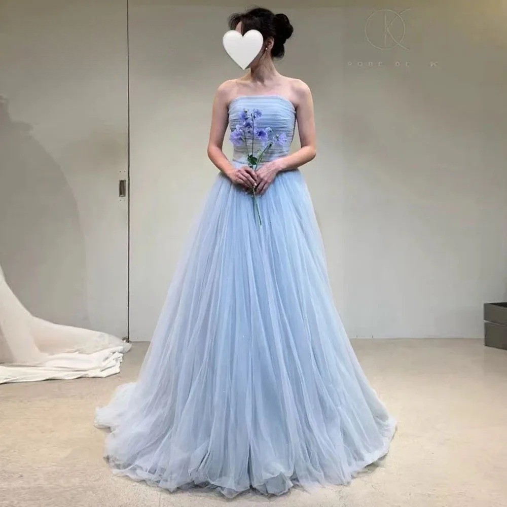Blue chiffon sleeveless wedding dress with off shoulder layered evening gown