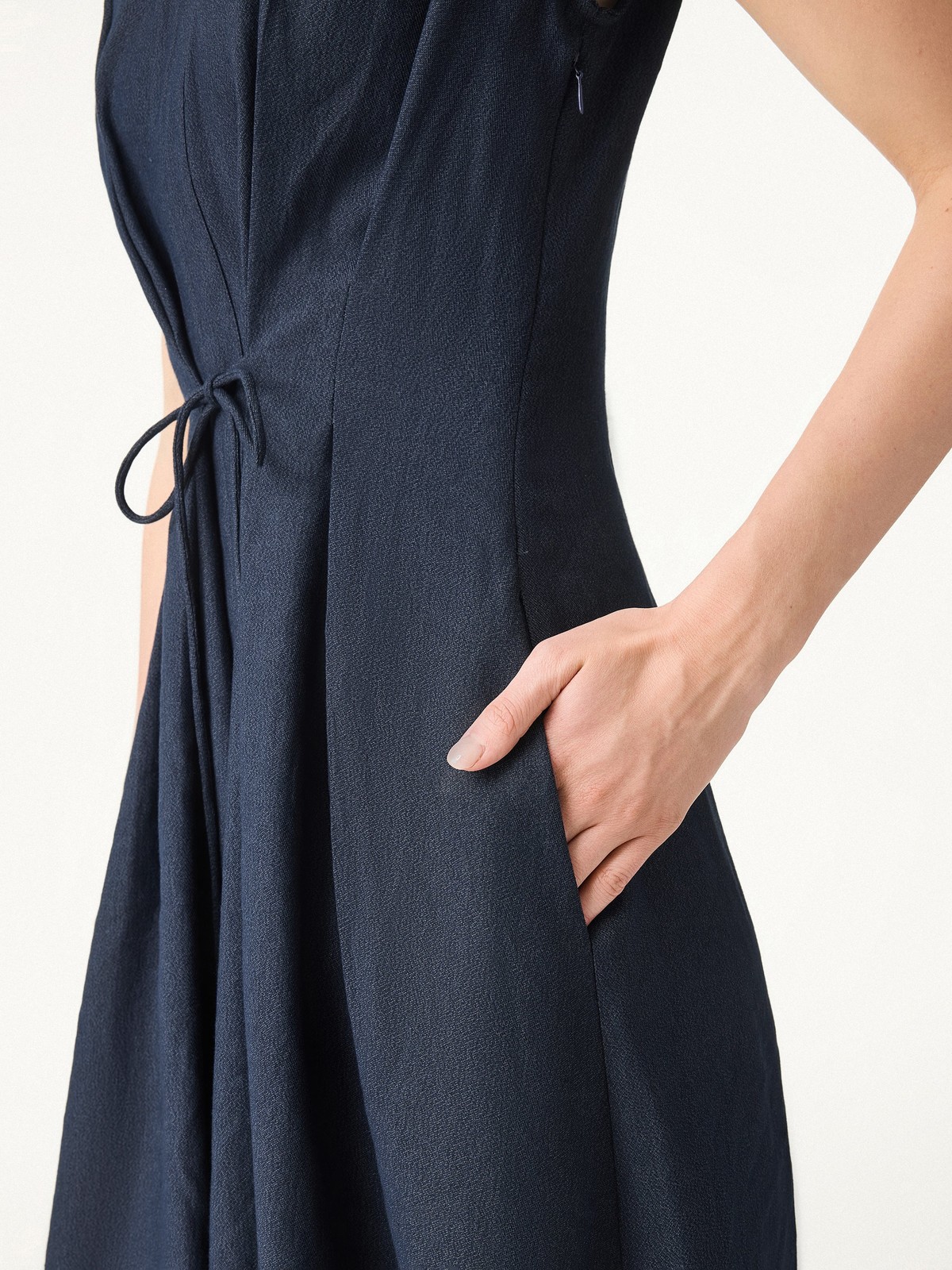 OGL Viscose Linen Collared V Neck Midi Dress Drawstring Waist Summer