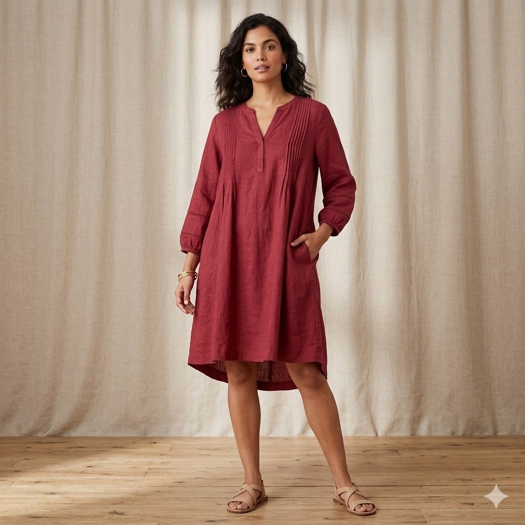 J Jill Womens Size Small Red Tunic Dress Pleated V-Neck Rayon Eyelet Sleeve Midi