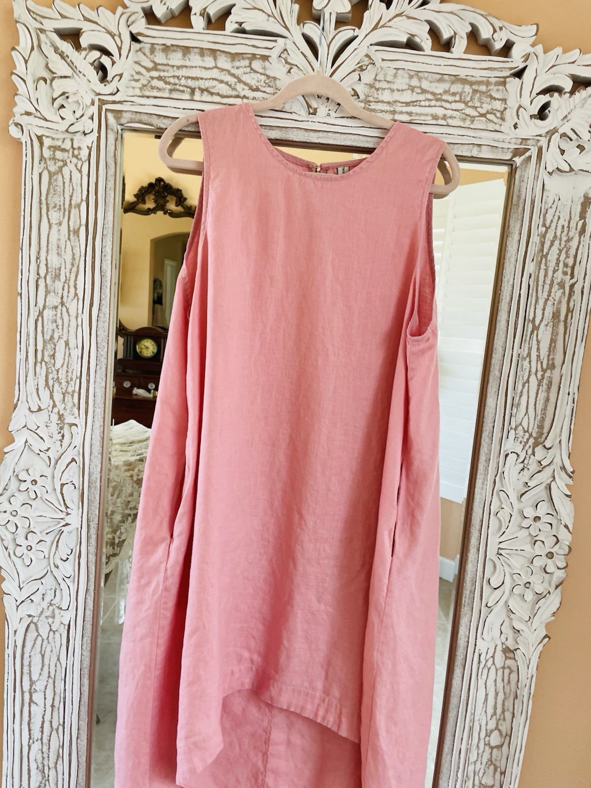 100% Linen Pink Sleeveless Side pockets High Low Casual Dress. X/L – XXL