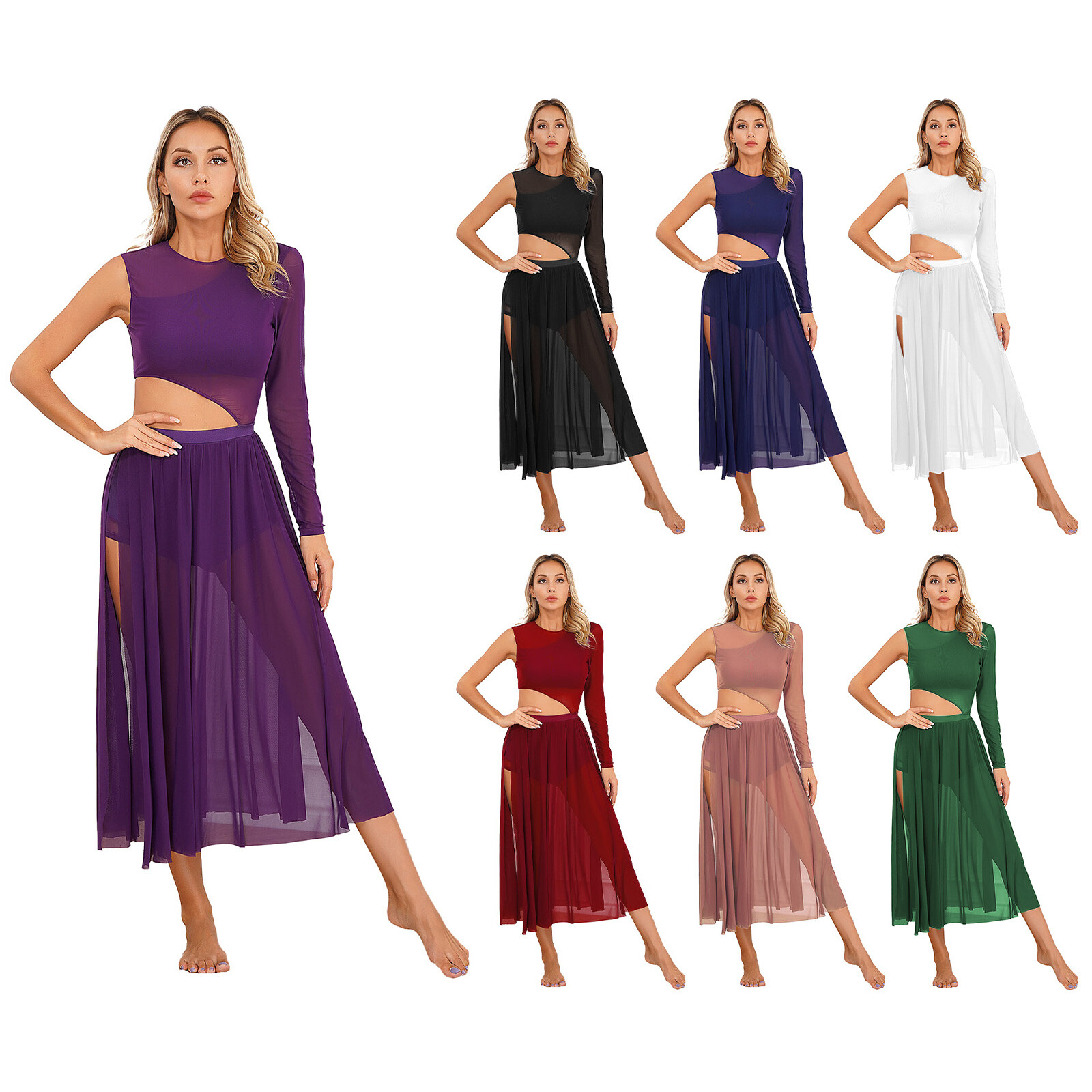 Womens Lyrical Dance Costume Side Split Figure Skating Dresses Round Neck