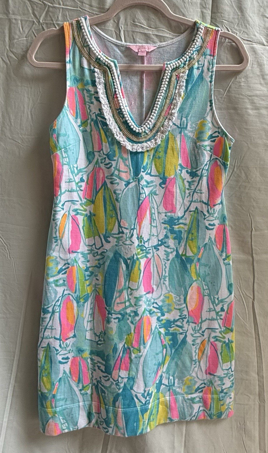 Lilly Pulitzer Harper Shift Dress XS Beach & Bae Sailboat French Terry Embellish