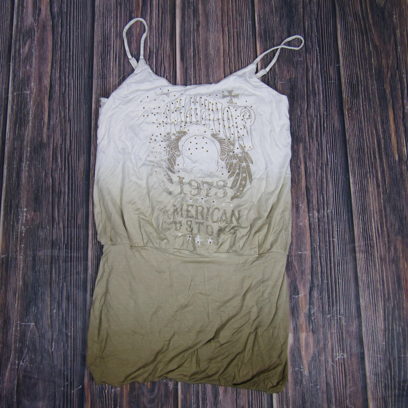 Affliction Black Premium Dress Womens Medium Beige Ombre Graphic Summer Tank Top