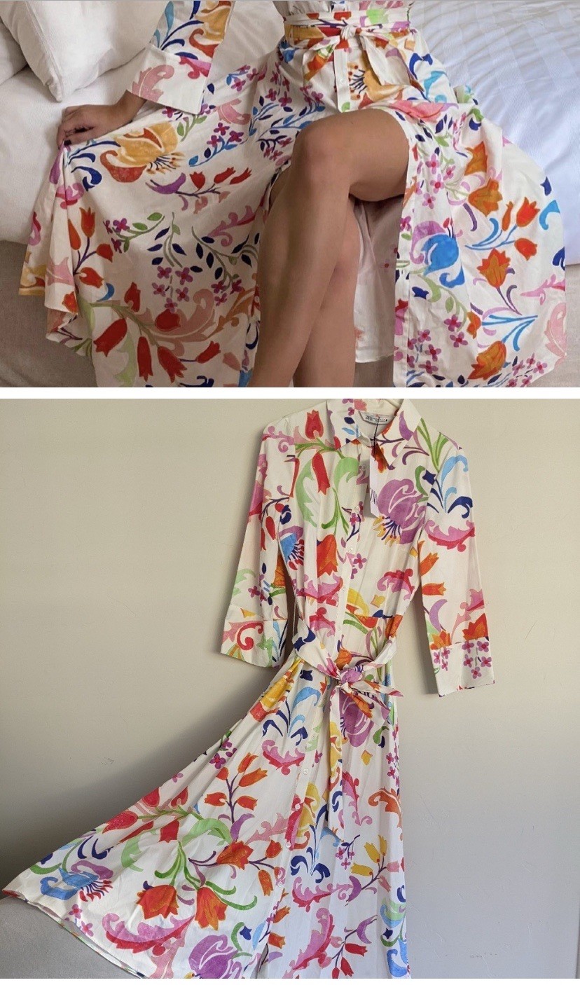 ZARA OFF WHITE MULTI Colored FLORAL PRINT Long Cotton SHIRT DRESS SZ XL Belted