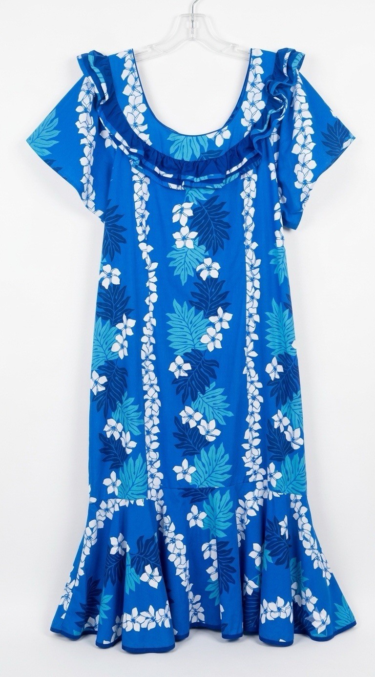 Jane M Vintage Traditional Hawaiian MuuMuu Dress Ocean Blue Floral Print