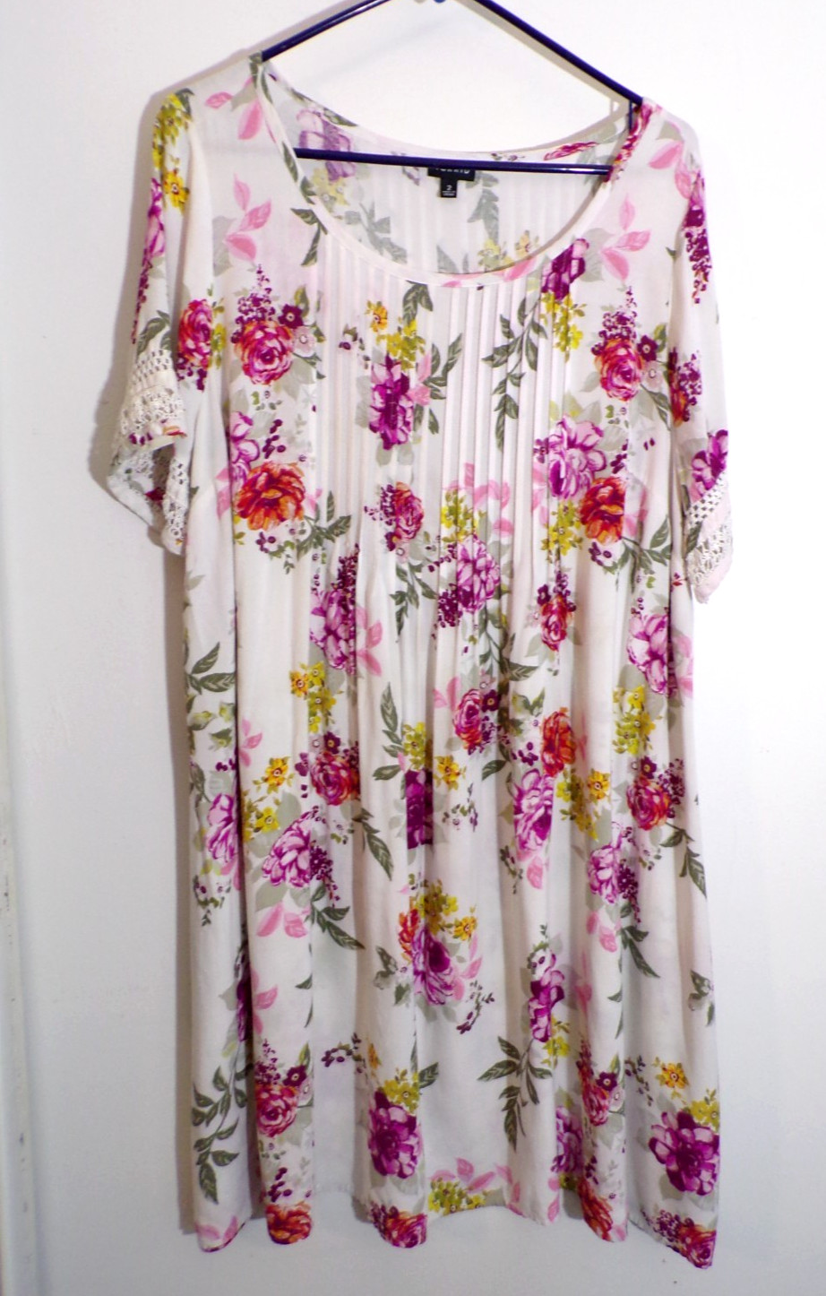 Torrid Mini Tunic Dress Women Plus Sz 2 Pink Floral Print Pintuck Crochet on SS
