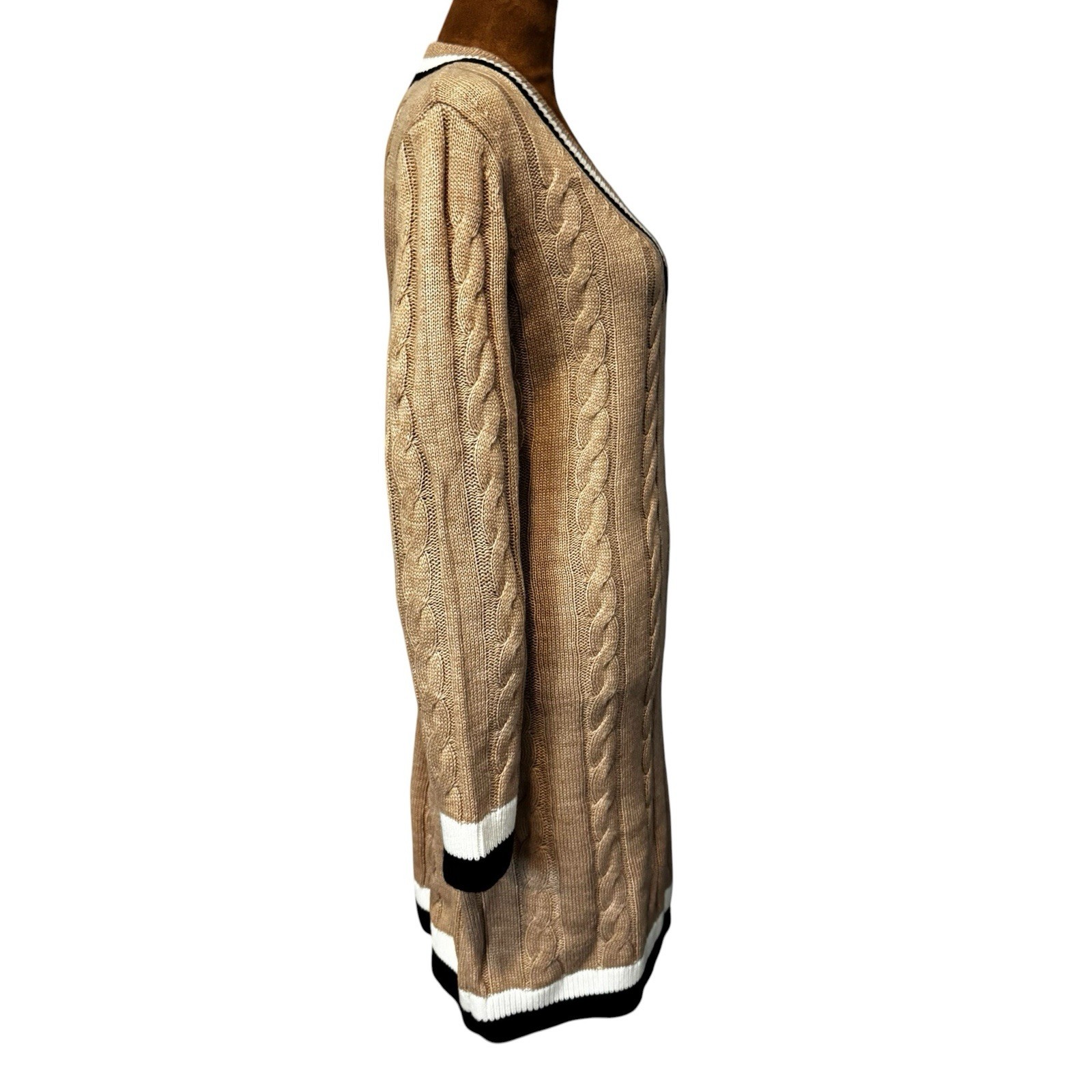 Tommy Hilfiger Chunky Cable Knit Varsity Dress M V Neck Camel Preppy Old Money