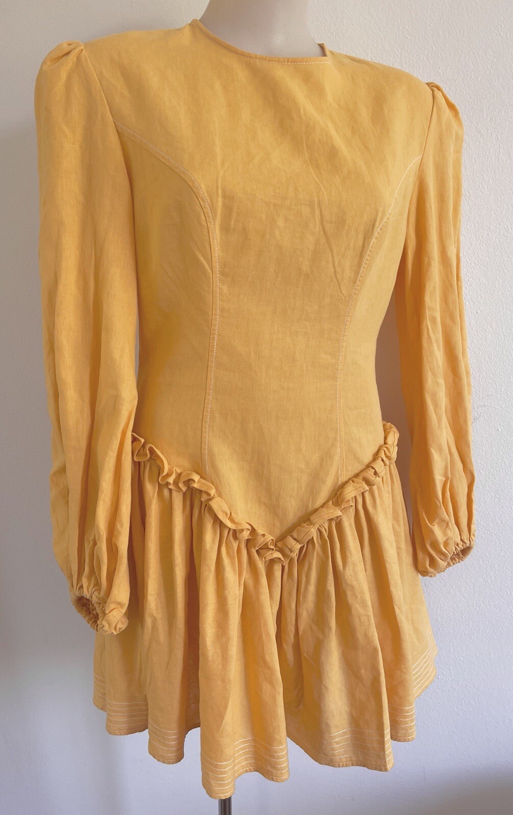 LEO LIN Mini Dress Yellow Pastel Orange Cotton Linen balloon Sleeves SZ AU 10 M